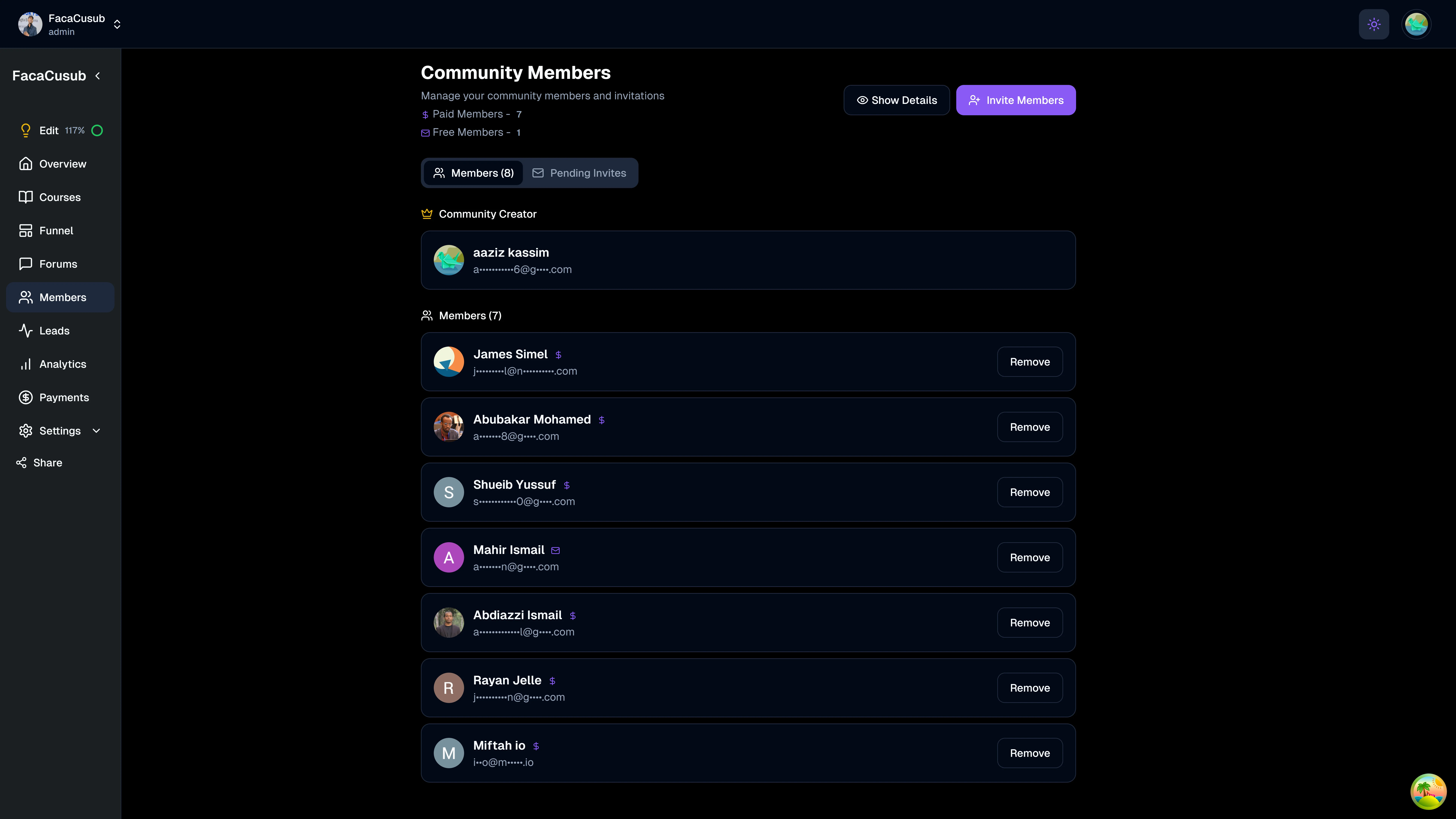 Member management screenshot